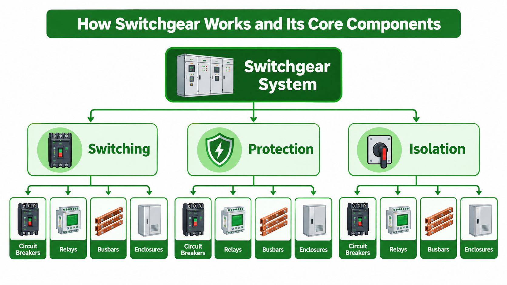 A diagram illustrating the core components and functional system of electrical switchgear, including switching, protection, and isolation.