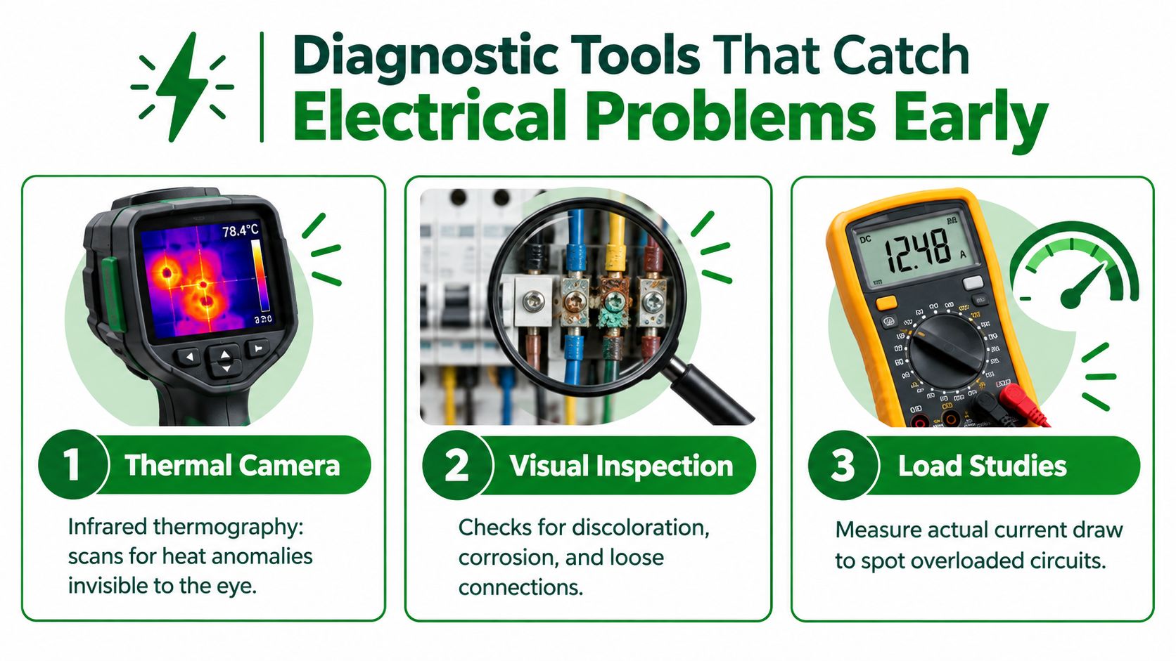 An infographic showing three diagnostic tools for identifying early electrical problems: thermal cameras, visual inspections, and load studies.