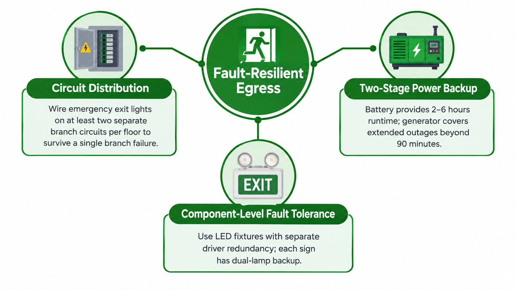 A diagram illustrating three key strategies for maintaining reliable and fault-resilient emergency exit lighting systems.