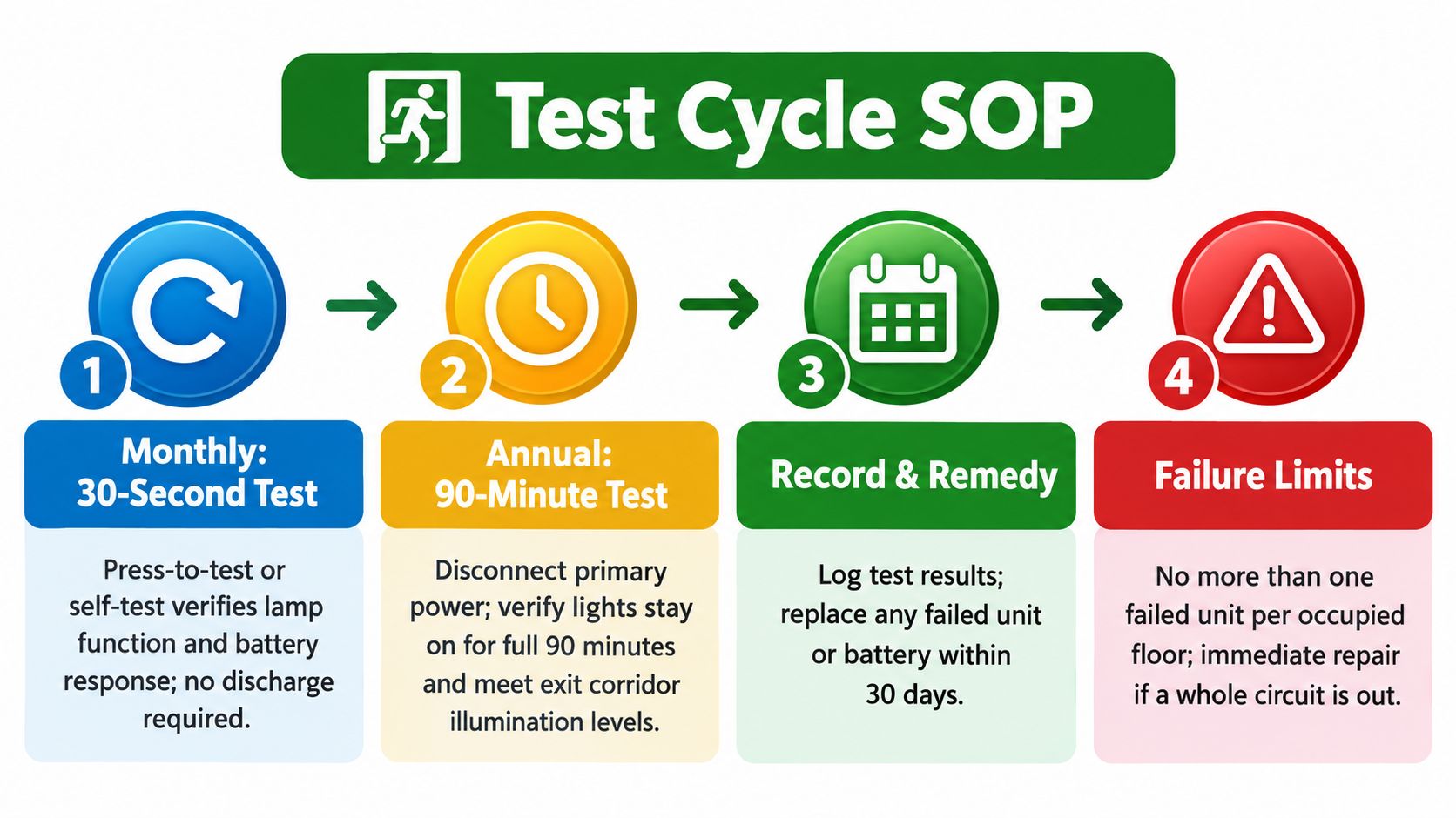 An infographic titled Test Cycle SOP outlining monthly and annual testing requirements for emergency exit lighting systems.