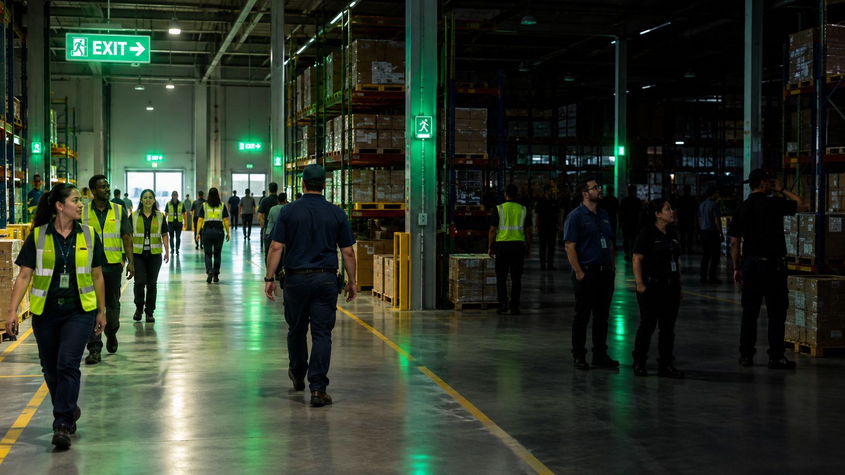 Employees walking through a warehouse hallway illuminated by bright green glowing exit signs during a drill
