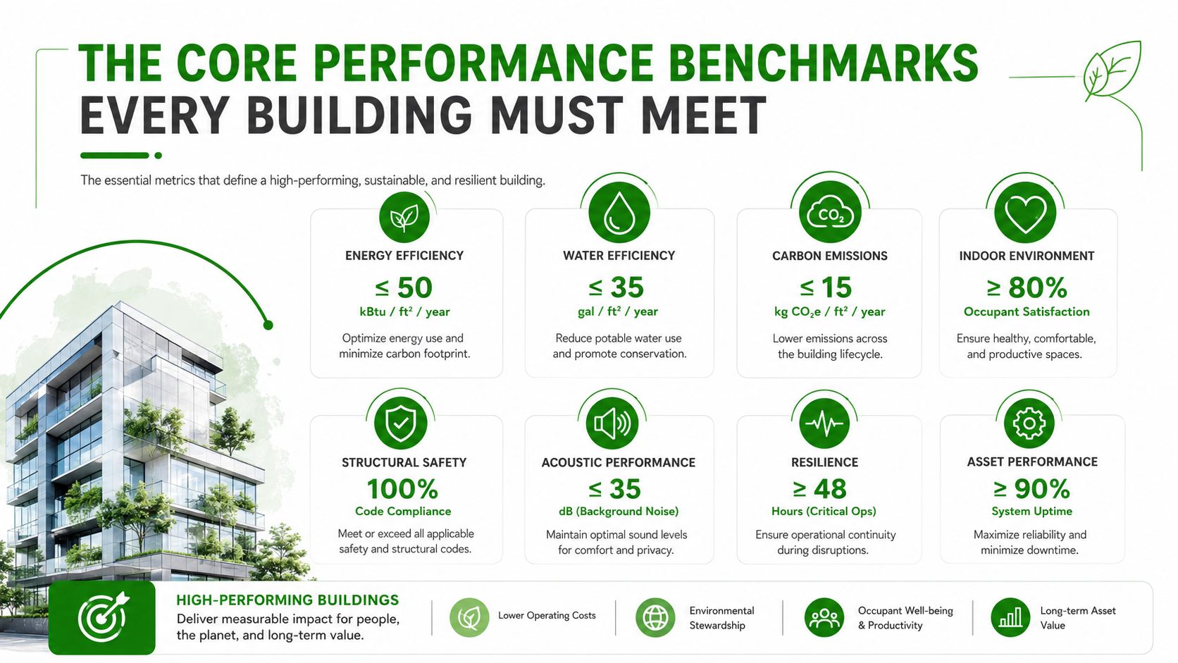 An infographic detailing eight key performance benchmarks for sustainable and resilient high-performing green buildings.