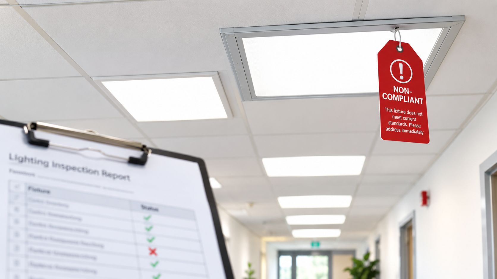 A lighting inspection report clipboard is shown next to a non-compliant office light fixture with a tag.