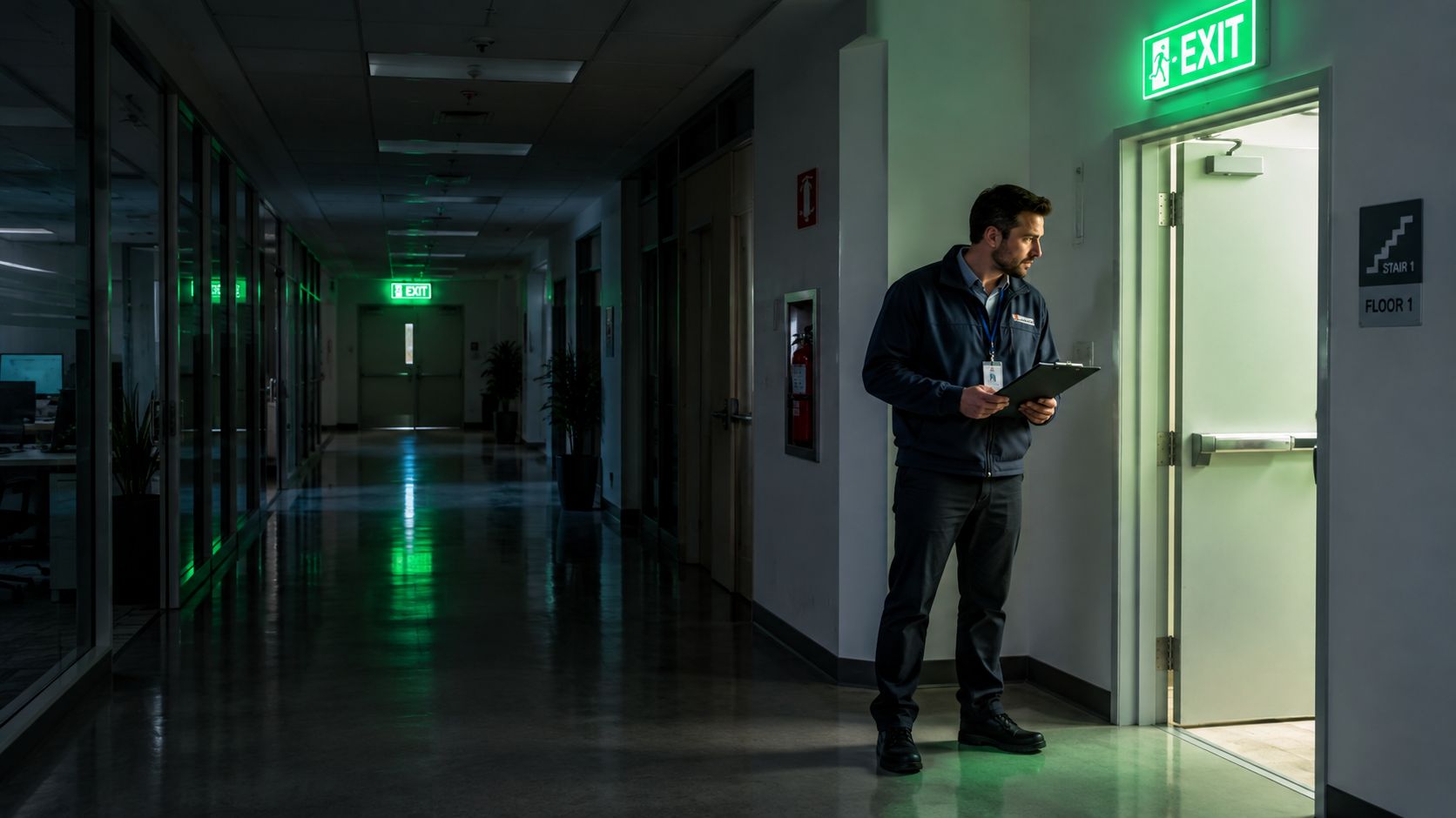 A security guard standing in a dimly lit office hallway near an open stairwell emergency exit door.