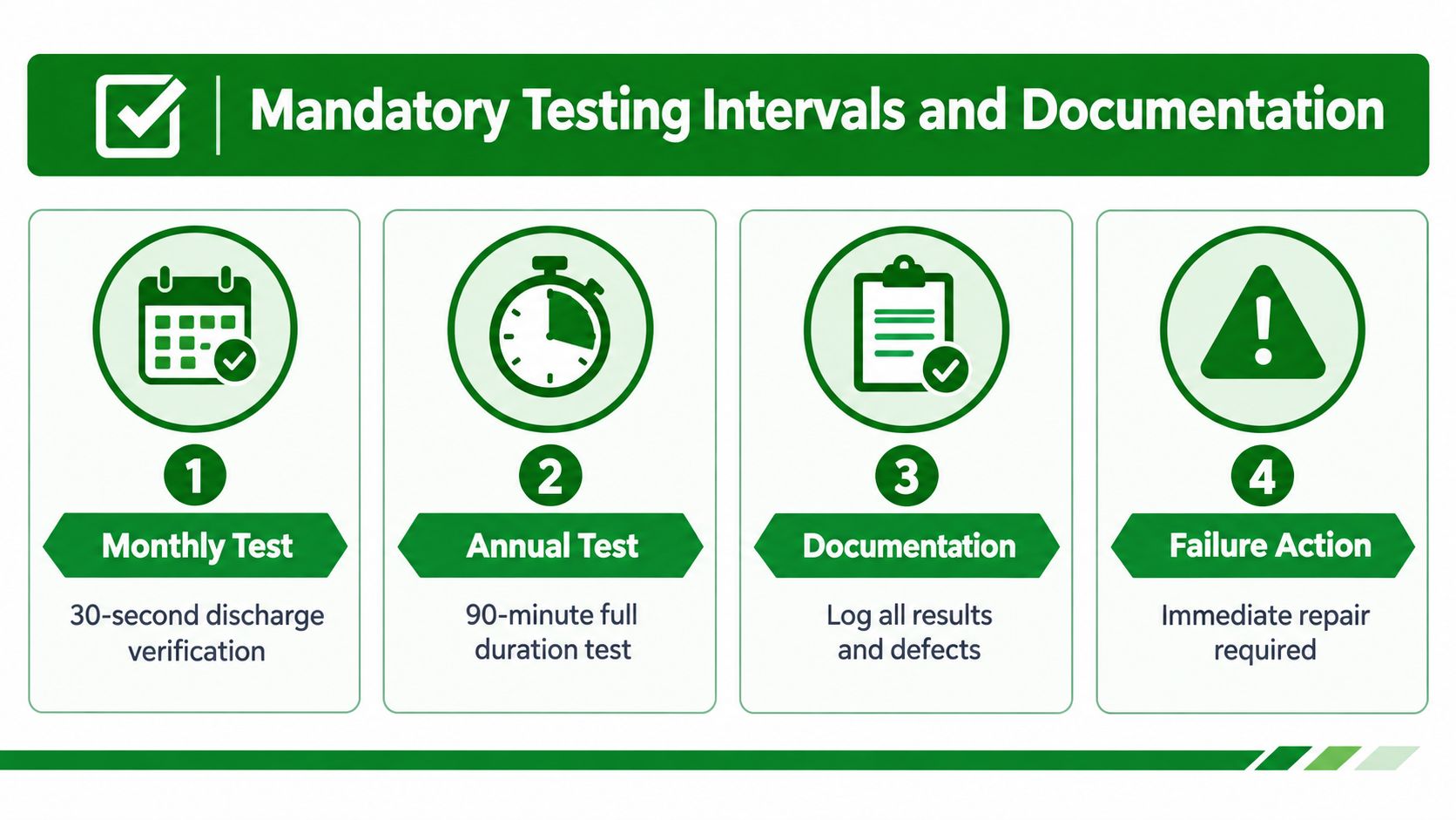 A graphic showing mandatory emergency lighting testing intervals and documentation requirements for commercial buildings and facilities.