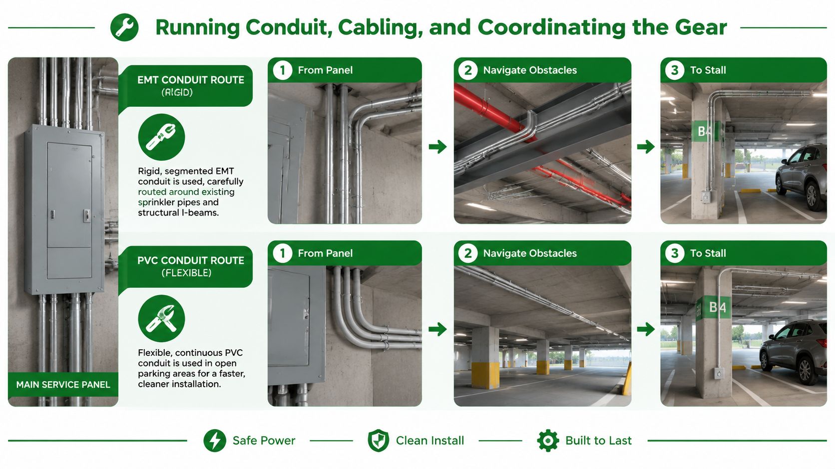 A technical infographic comparing rigid EMT conduit and flexible PVC conduit routing for EV charging station installations.