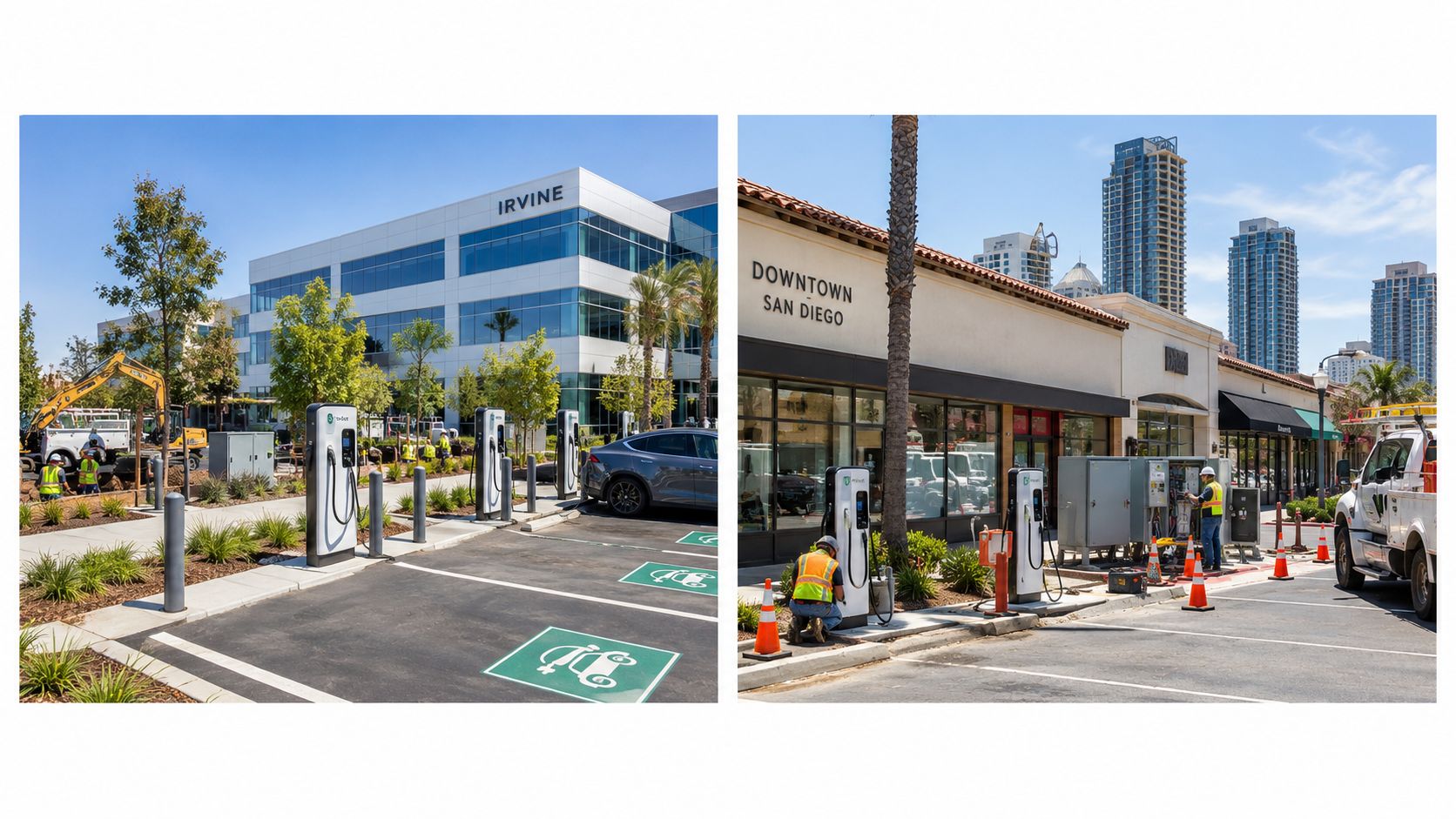 Workers installing electric vehicle charging stations at corporate and retail locations in Irvine and San Diego.