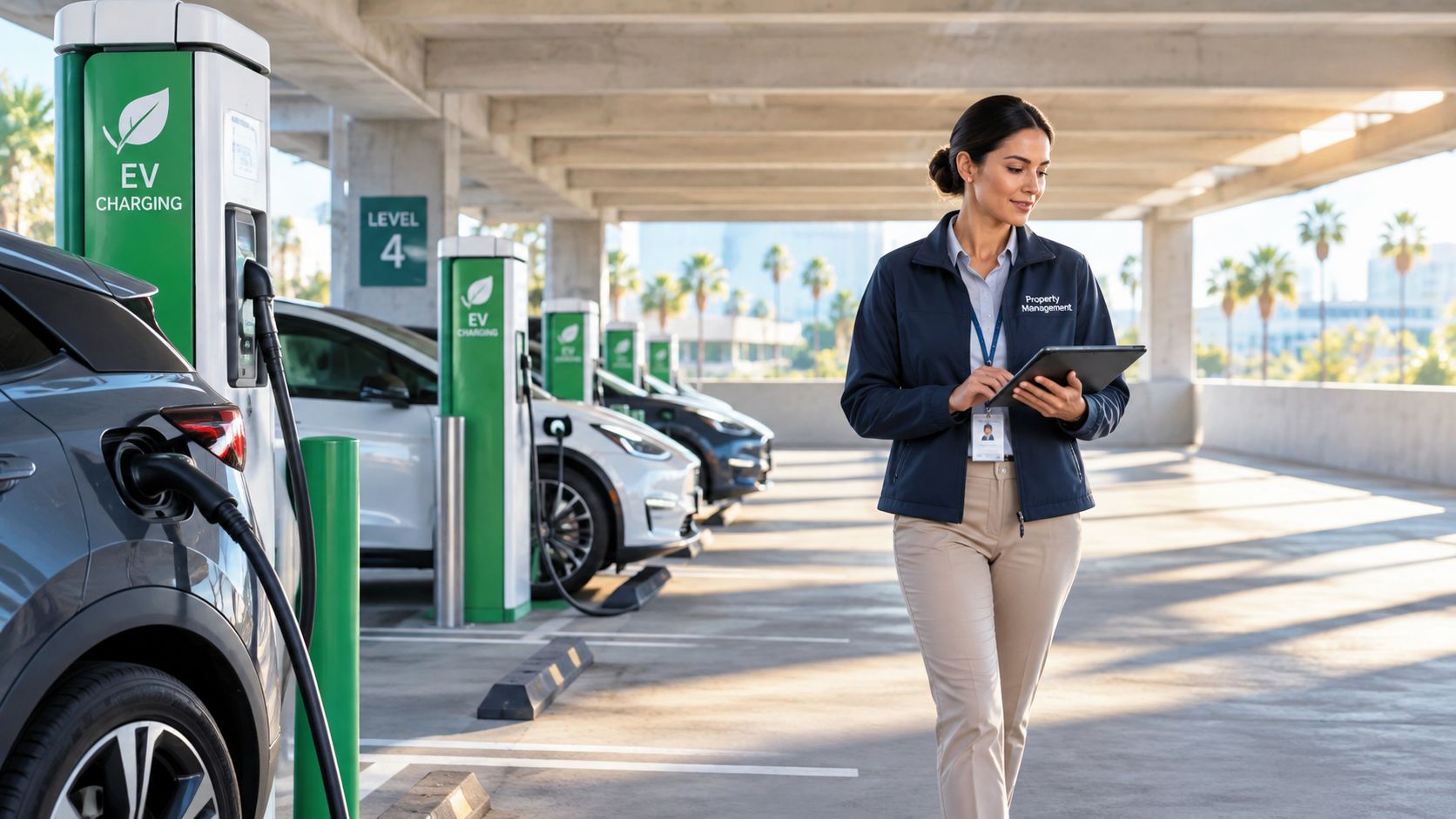 A property manager uses a tablet to inspect electric vehicle charging stations in a modern parking garage.