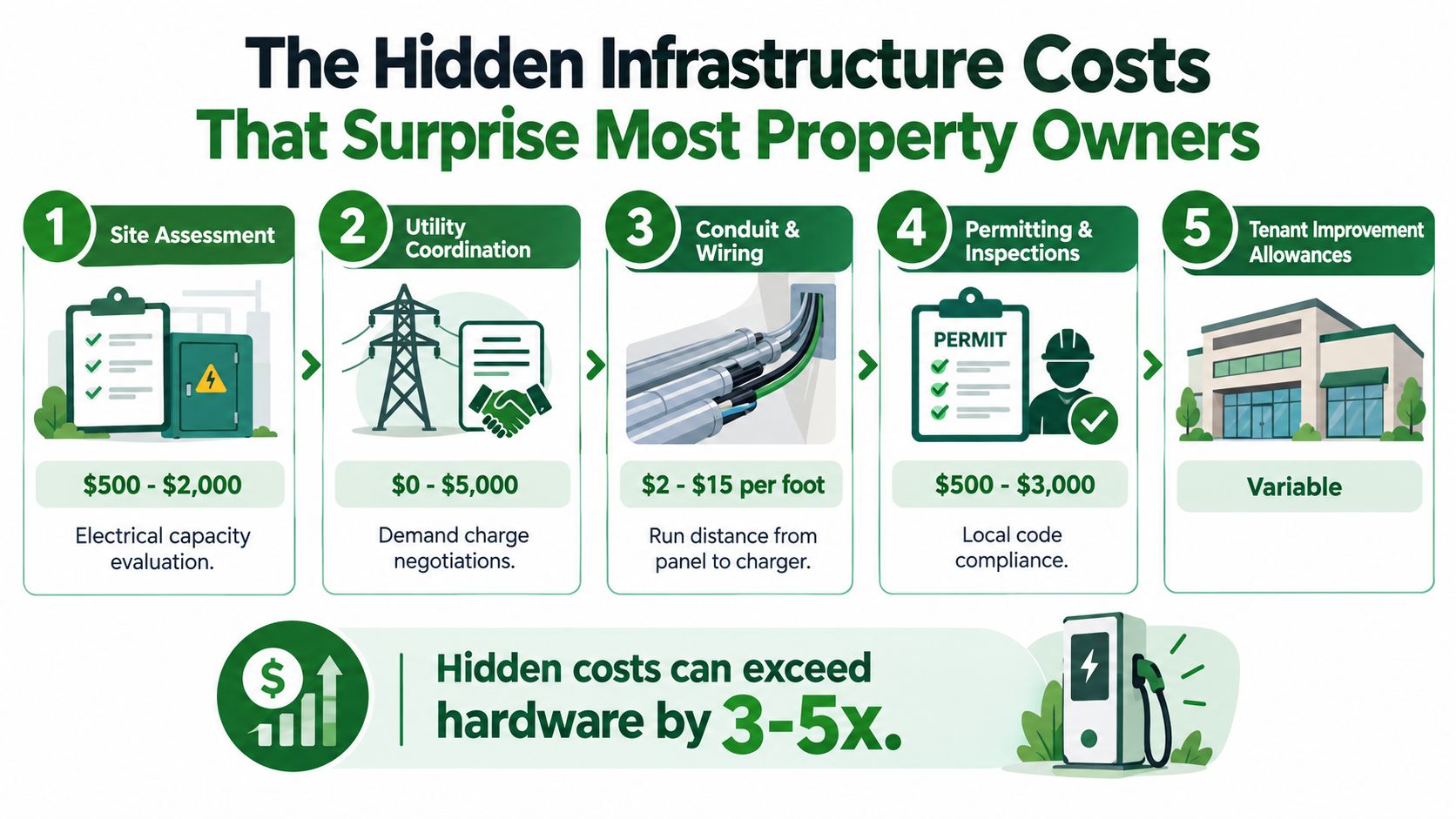 An infographic illustrating five hidden infrastructure costs associated with installing electric vehicle charging stations for property owners.