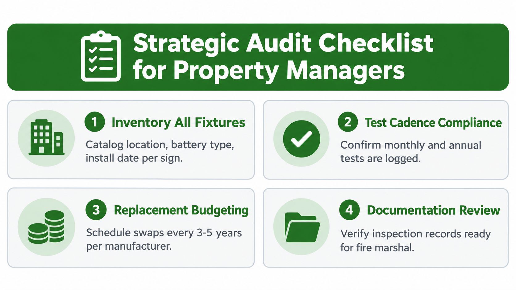 A four-step strategic audit checklist for property managers to maintain exit sign battery compliance and documentation.