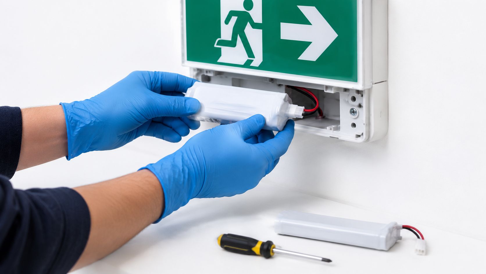 A technician wearing blue protective gloves replacing the battery pack inside an emergency illuminated exit sign.