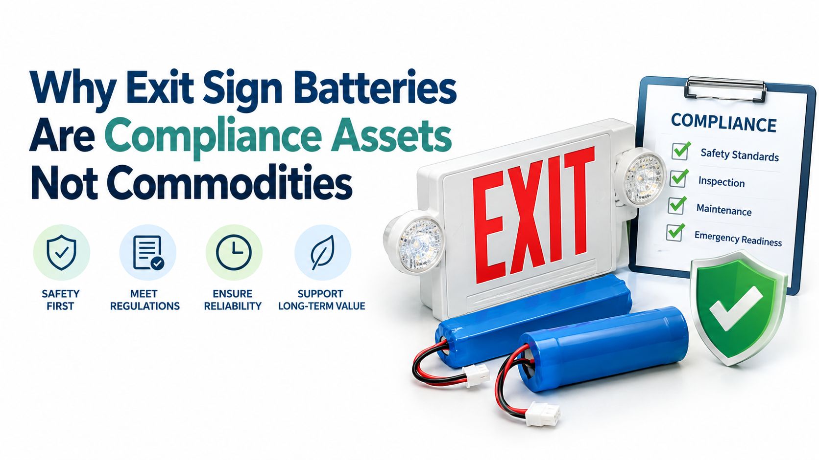 An exit sign with two batteries, a compliance checklist, and icons highlighting safety, regulations, and reliability.
