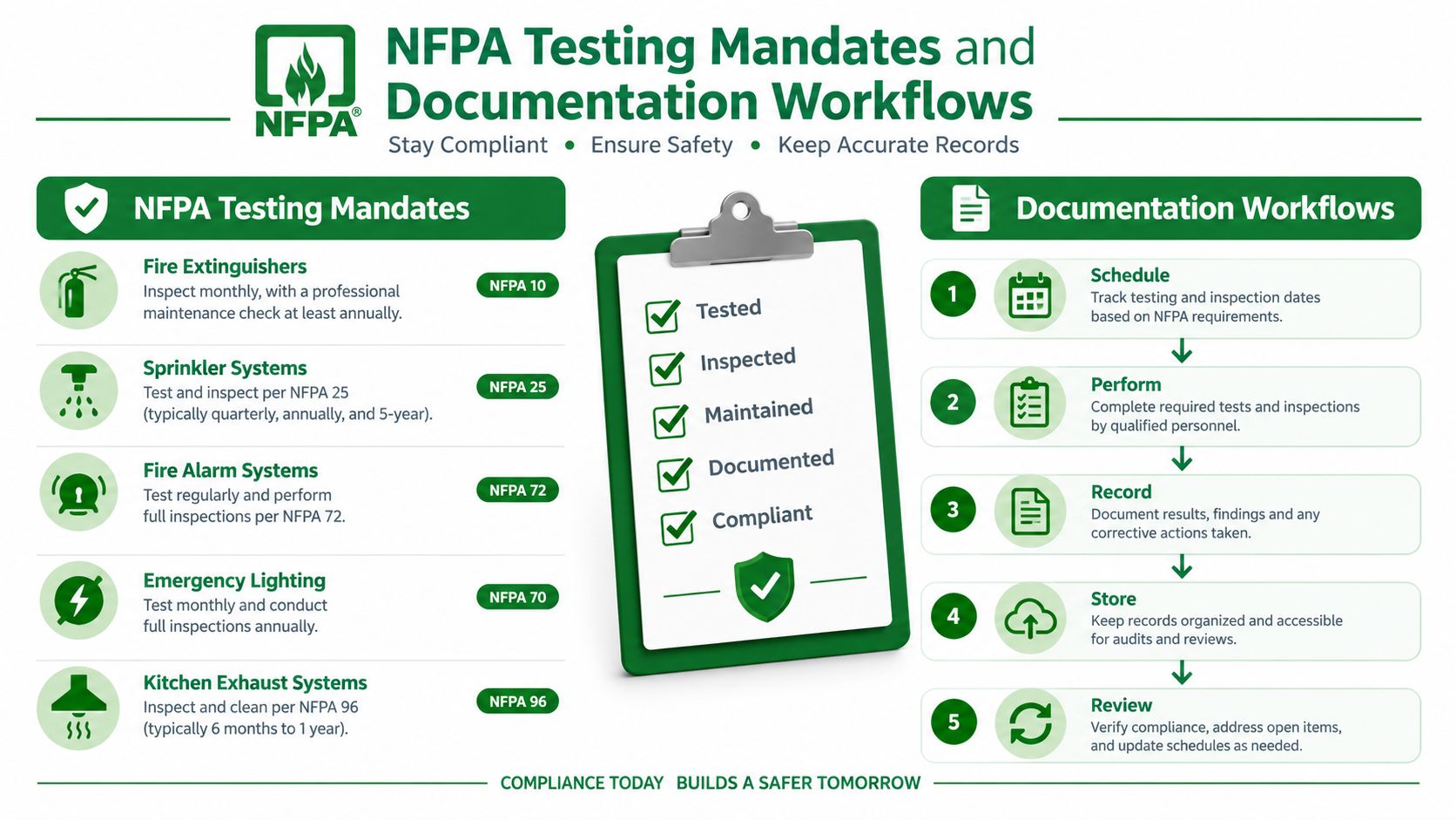 An infographic detailing NFPA testing mandates for fire equipment and the standard documentation workflow for safety compliance.