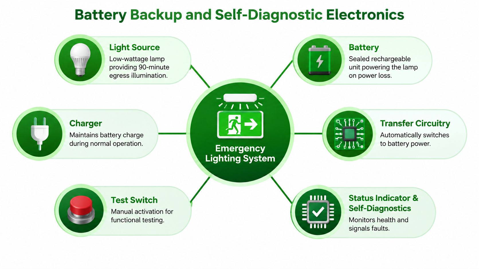 A diagram illustrating the components of a battery backup emergency lighting system with self-diagnostic electronics.