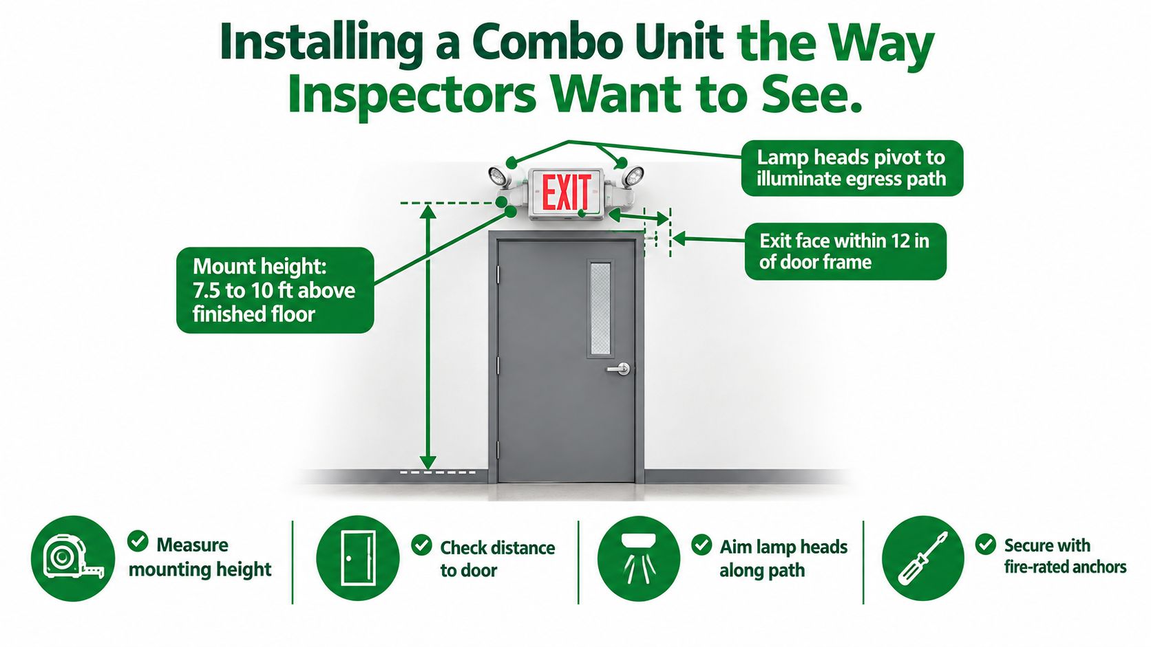 An instructional graphic illustrating the proper installation height and positioning requirements for an exit sign emergency light combo unit.