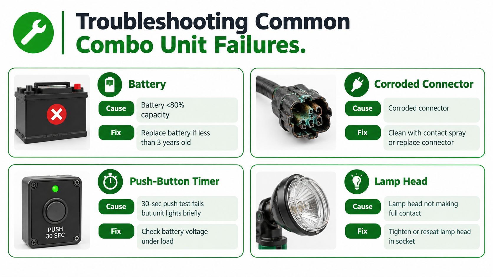 A diagnostic infographic illustrating common troubleshooting steps for emergency exit sign and combo light unit failures.