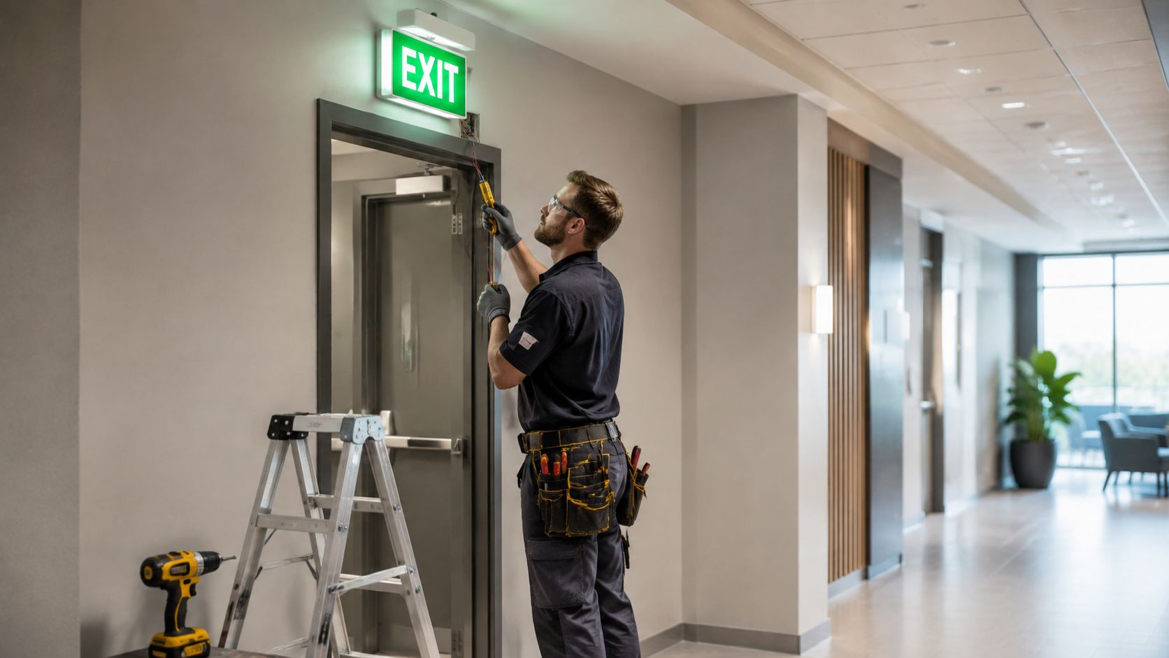 A professional electrician wearing protective gear installing an exit sign above a door in a hallway.