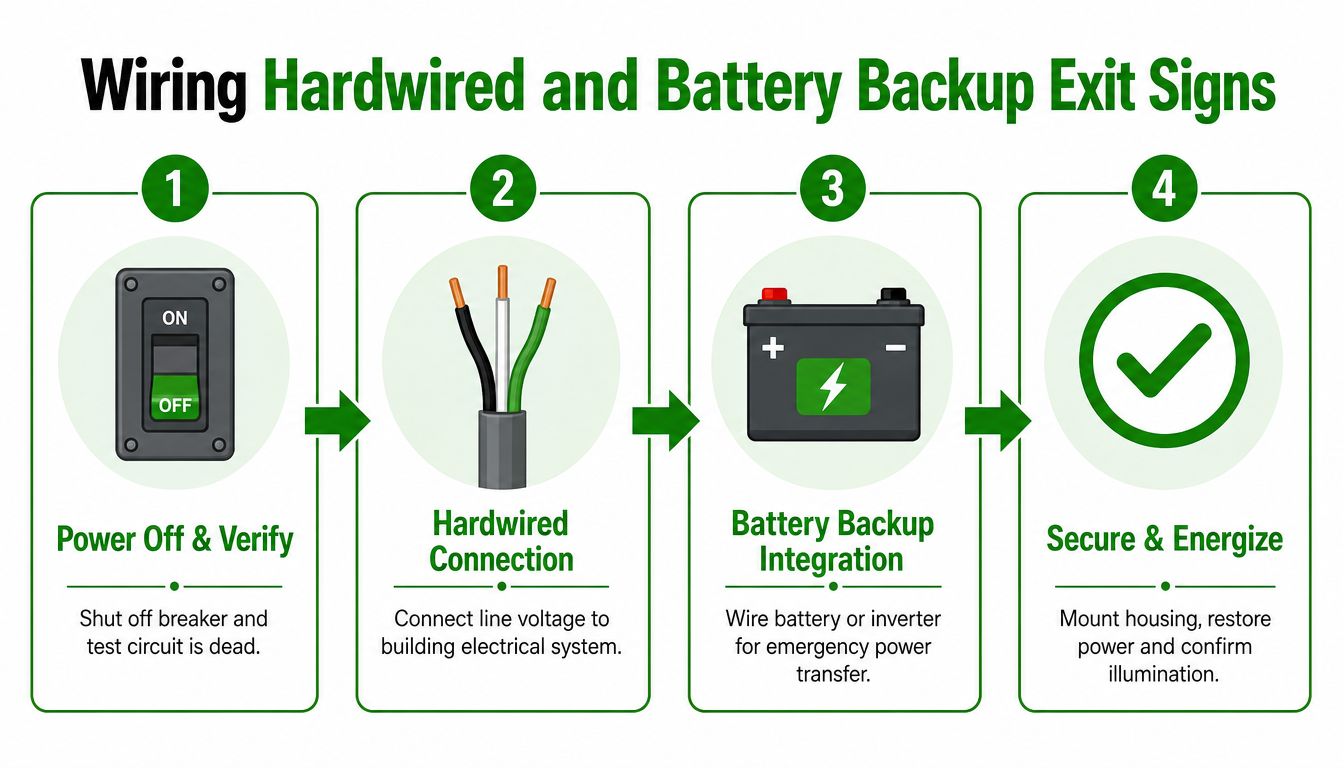 An infographic showing four steps for installing a hardwired and battery backup exit sign system safely.