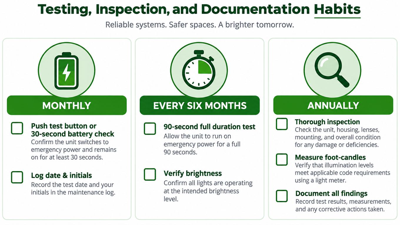 A checklist infographic detailing the required monthly, semi-annual, and annual maintenance habits for emergency lighting systems.