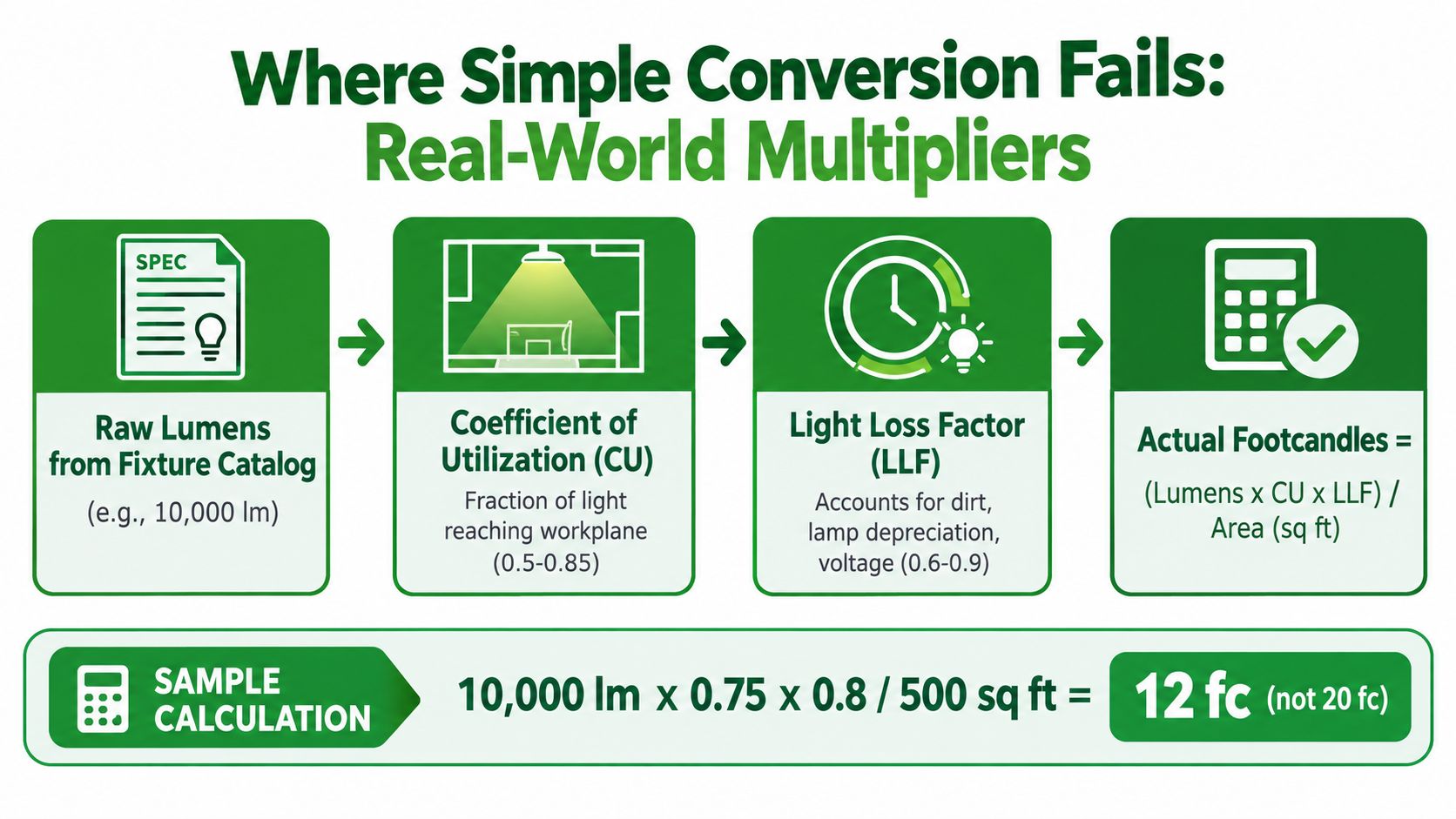 An infographic showing the formula and factors for calculating actual footcandles from fixture catalog lumen ratings.