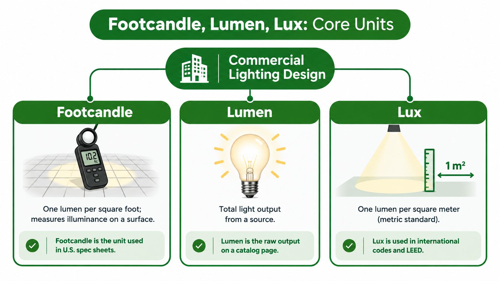 An infographic comparing footcandle, lumen, and lux units used in professional commercial lighting design.