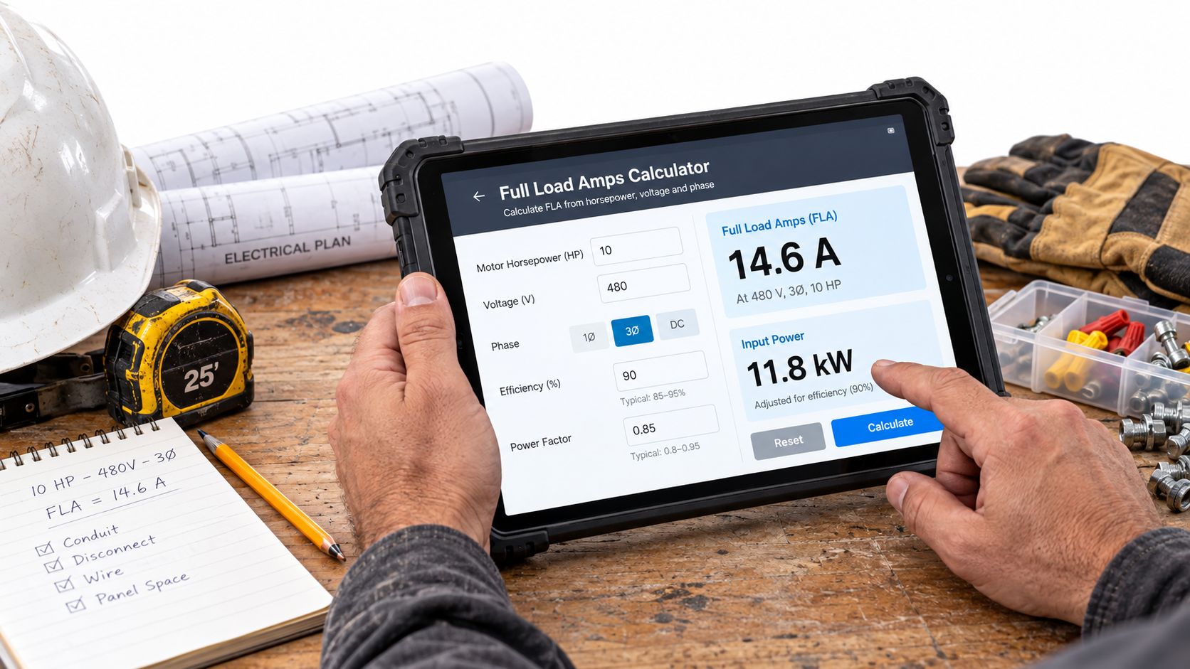 A construction worker uses a tablet to calculate full load amps for an electrical motor project.