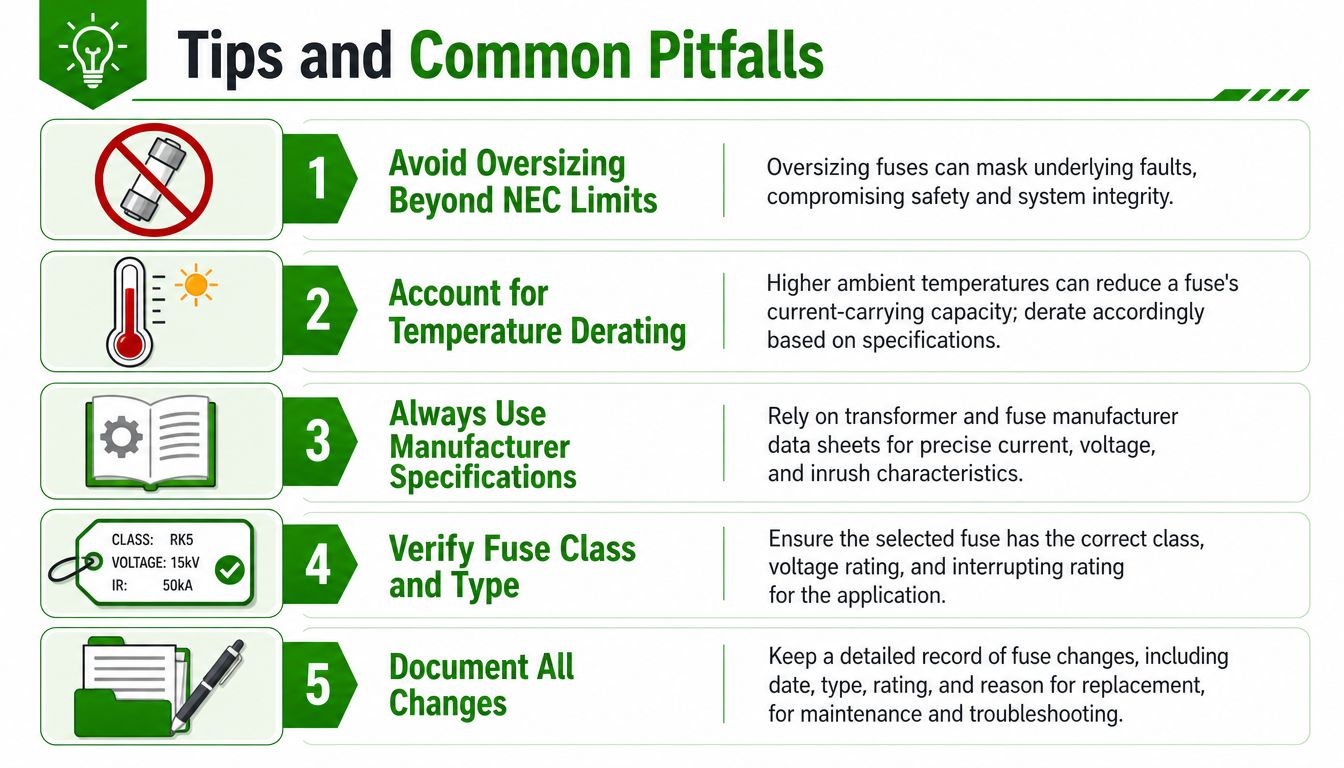 An infographic titled Tips and Common Pitfalls outlining five best practices for selecting and maintaining electrical fuses.