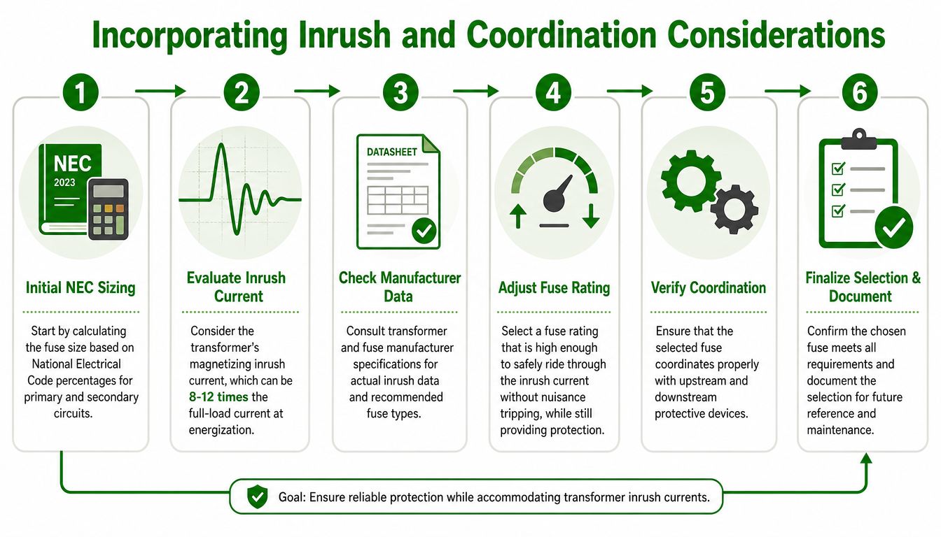 A six-step infographic illustrating the process of selecting and sizing fuses for electrical transformers.
