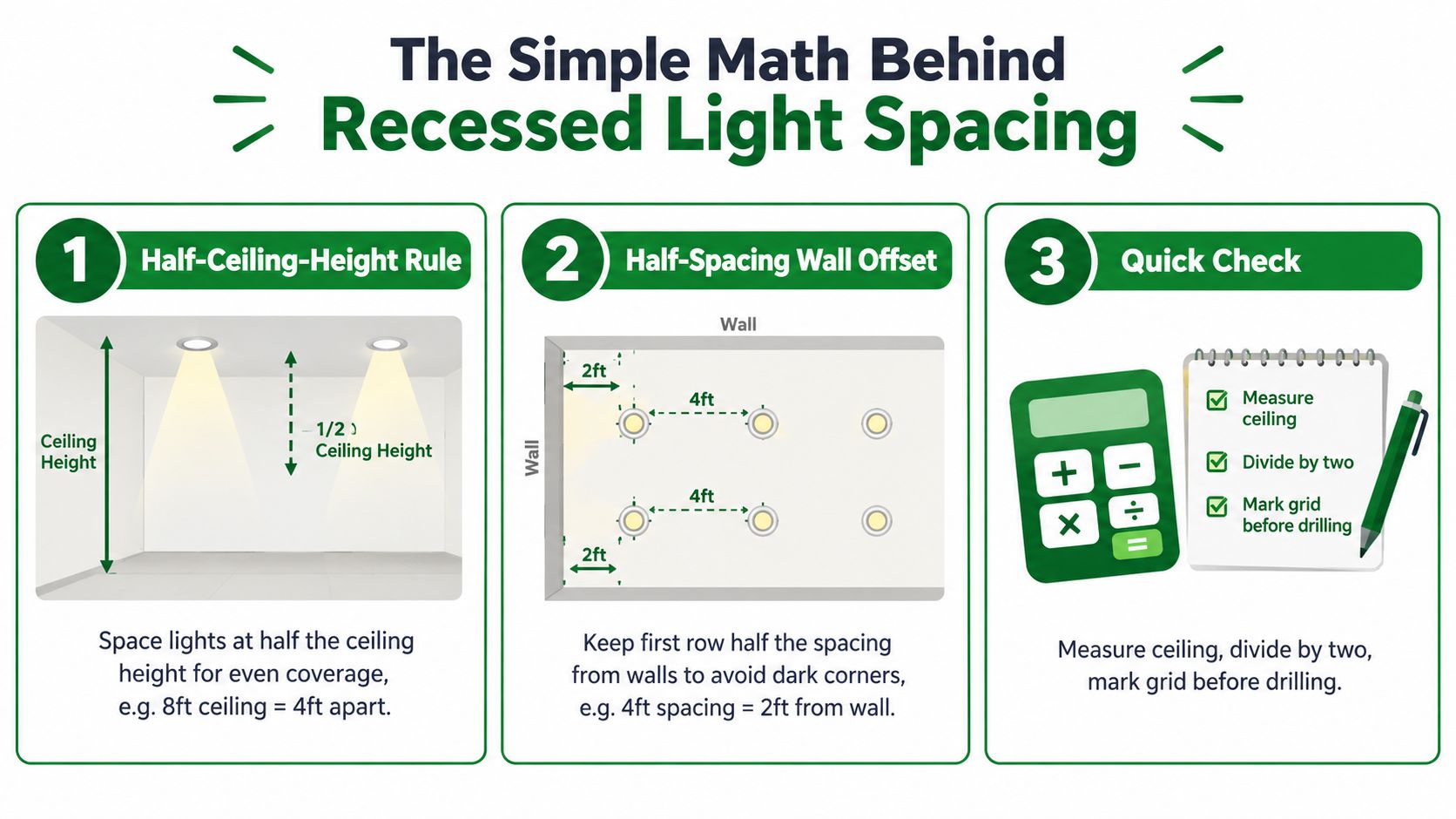 A simple infographic explaining the math for spacing recessed lights using a half-ceiling-height rule and wall offsets.