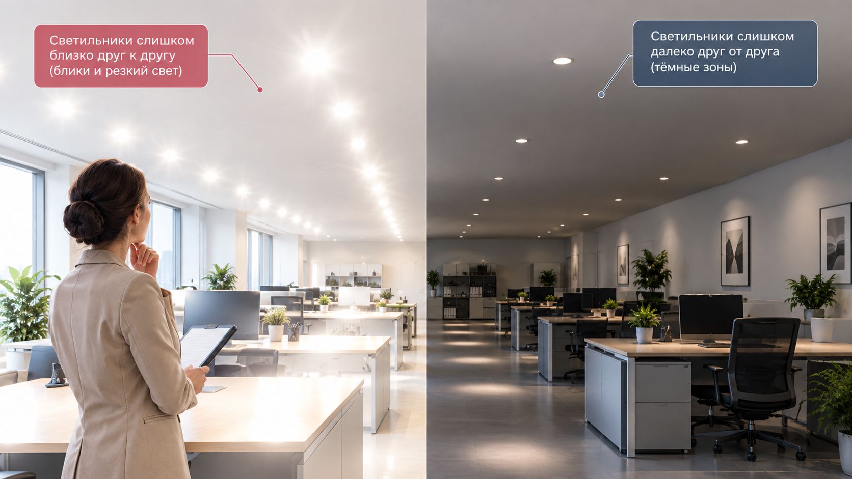 Comparison of office lighting showing recessed lights spaced too close causing glare versus spaced too far causing shadows.