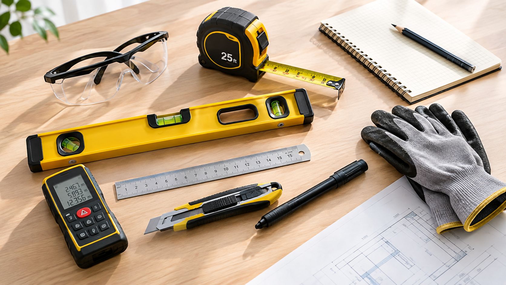 A flat lay of construction tools, including a laser distance measurer, tape measure, level, gloves, and drafting paper.