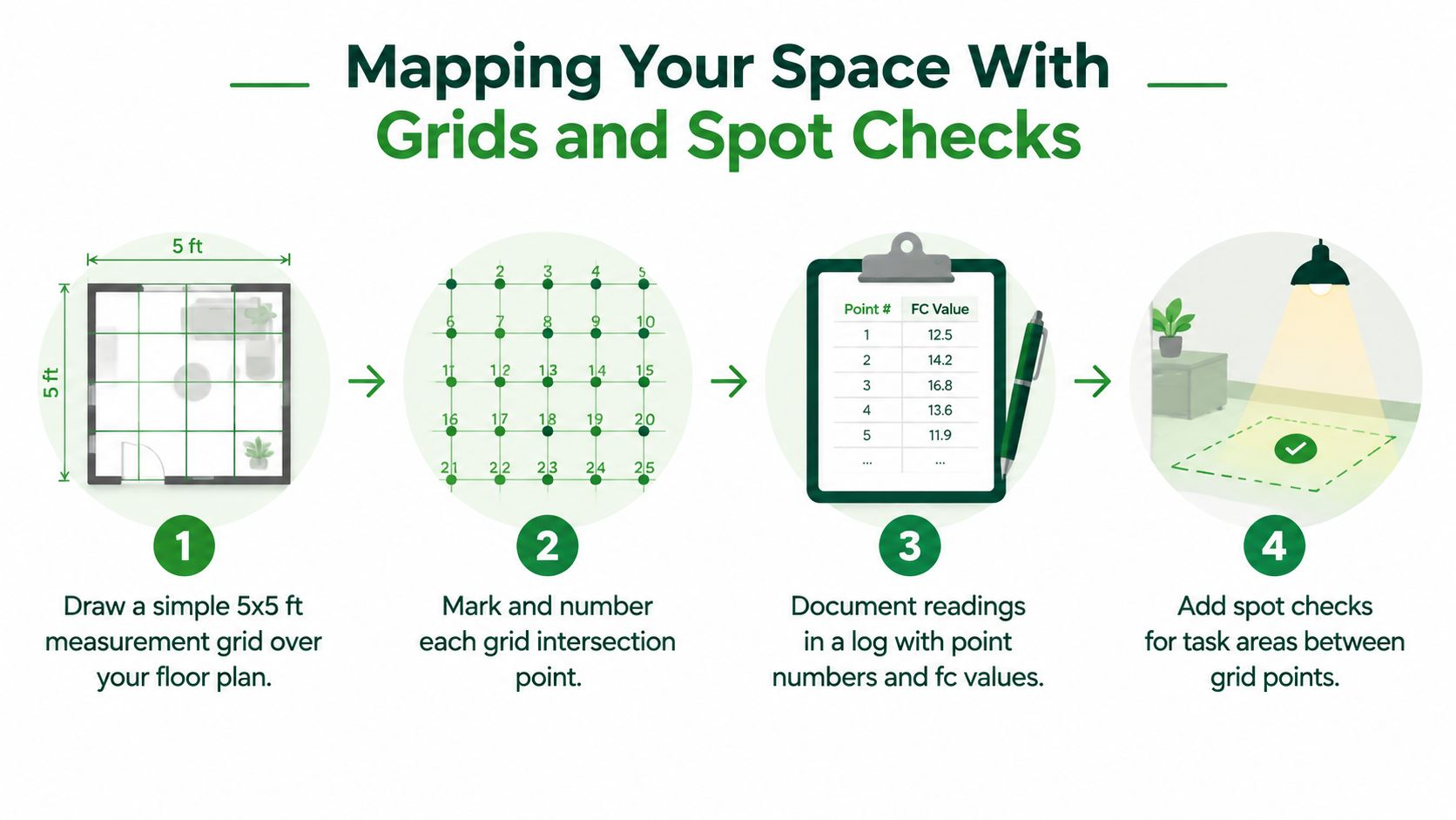 A four-step infographic illustrating how to create a measurement grid to map light levels in a room.