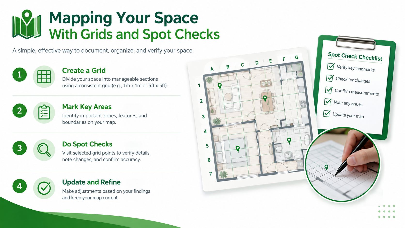 An infographic detailing a four-step guide on how to create grids and conduct spot checks for mapping a physical space.