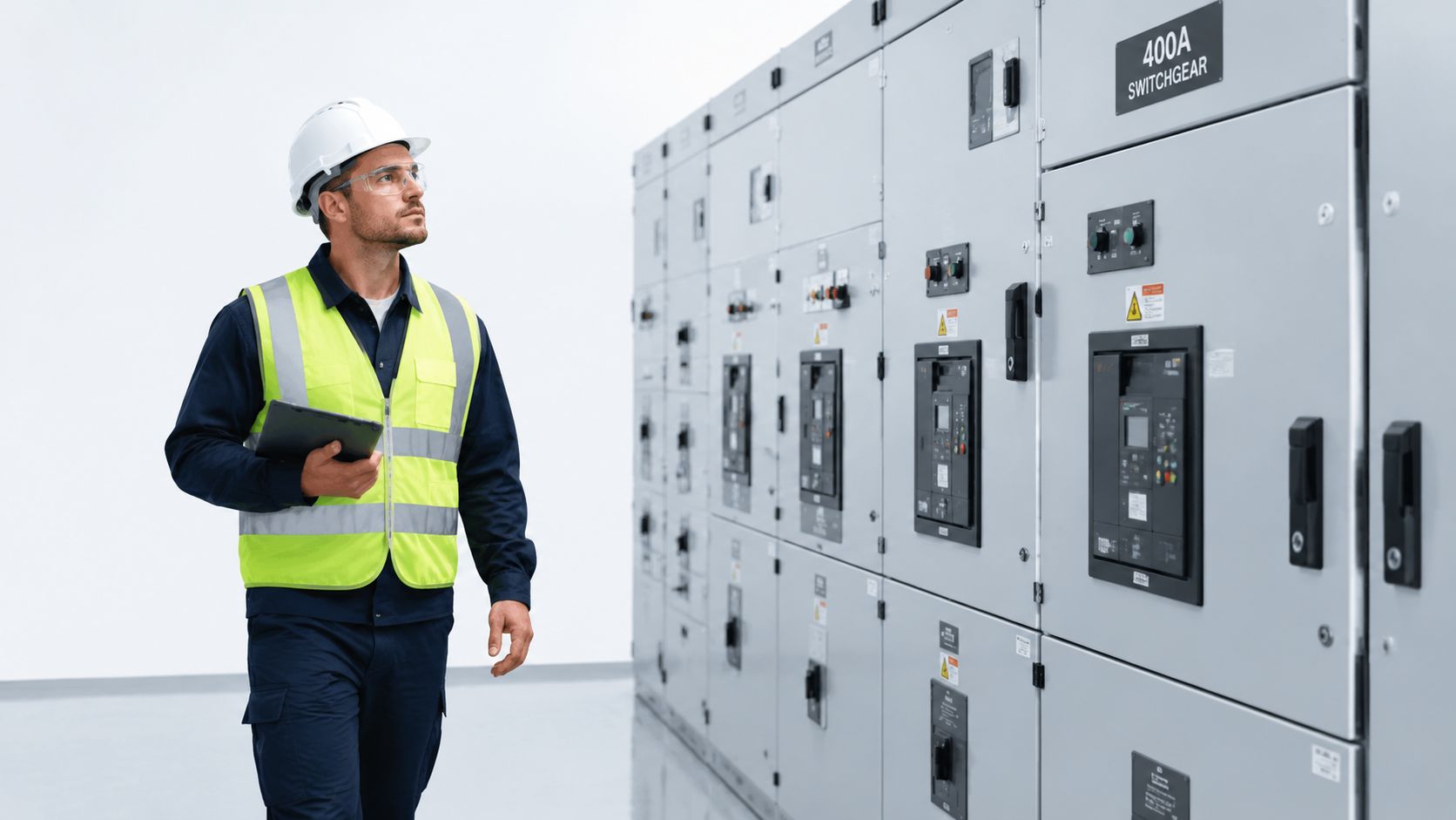 A professional electrical engineer wearing a hard hat and safety vest inspecting industrial switchgear equipment.
