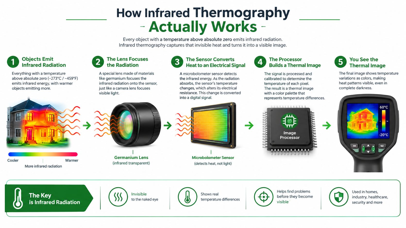 A diagram illustrating the five-step process of how infrared thermography converts invisible thermal radiation into visible images.