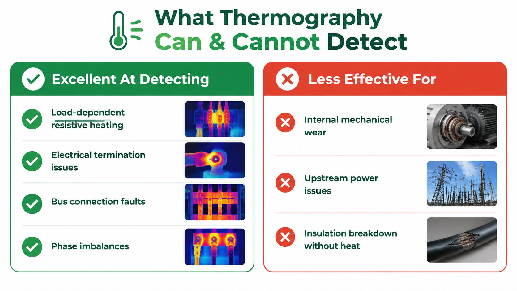 A chart comparing what infrared thermography can effectively detect versus what it is less effective for.