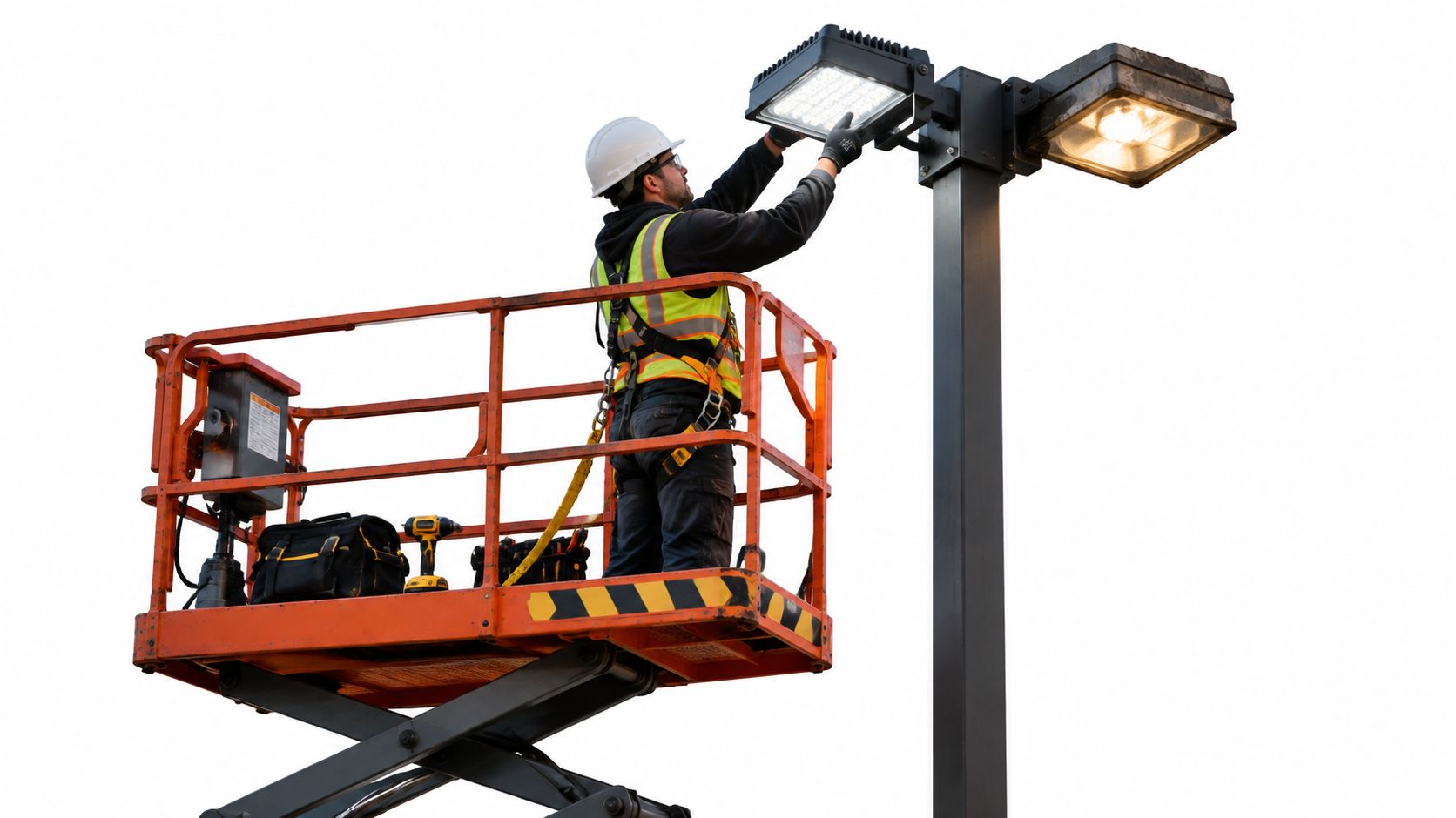 An electrician working on an LED parking lot light fixture while standing in an orange scissor lift.