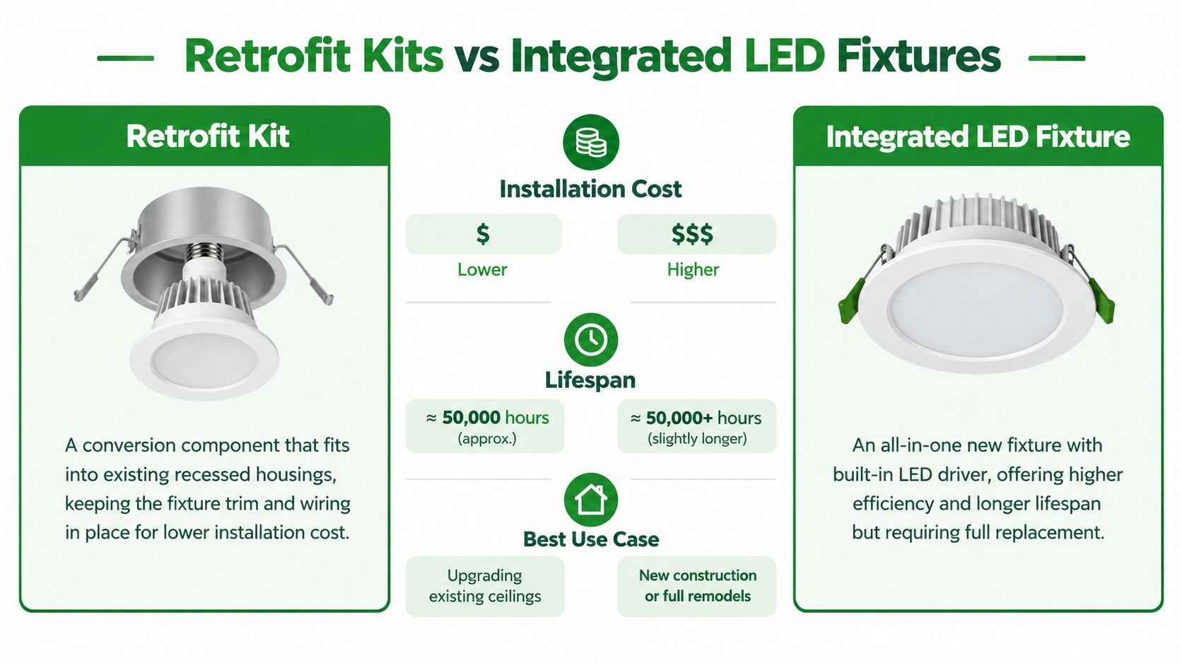 A comparison chart showing the differences between retrofit kits and integrated LED light fixtures for ceilings.