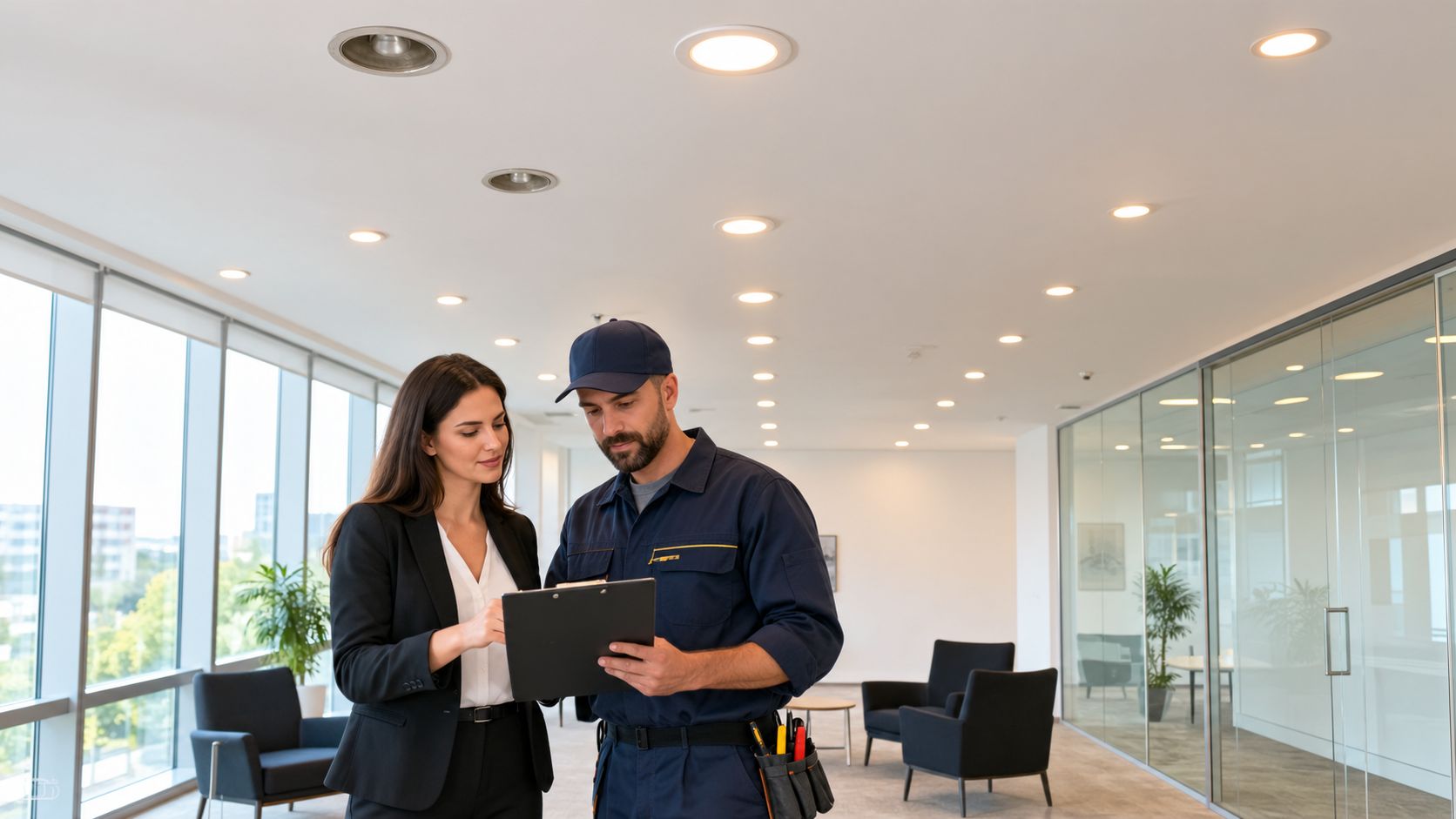 A professional woman in a suit and a maintenance technician reviewing a document on a clipboard together.