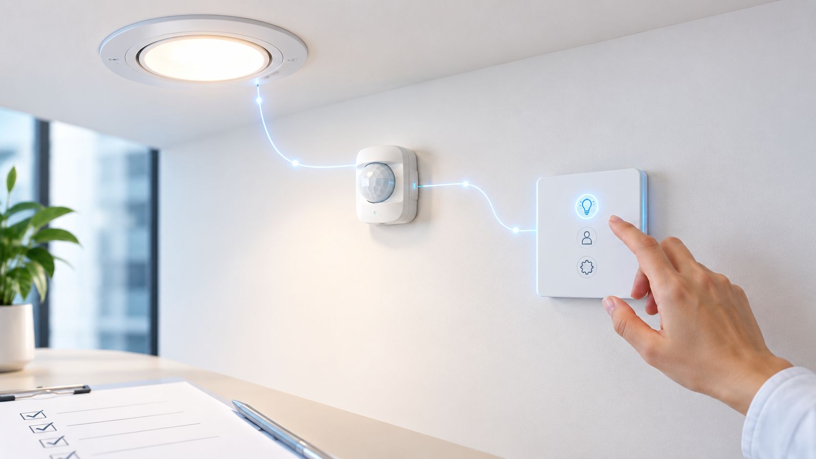 A person touching a smart wall controller connected to a motion sensor and recessed ceiling light.