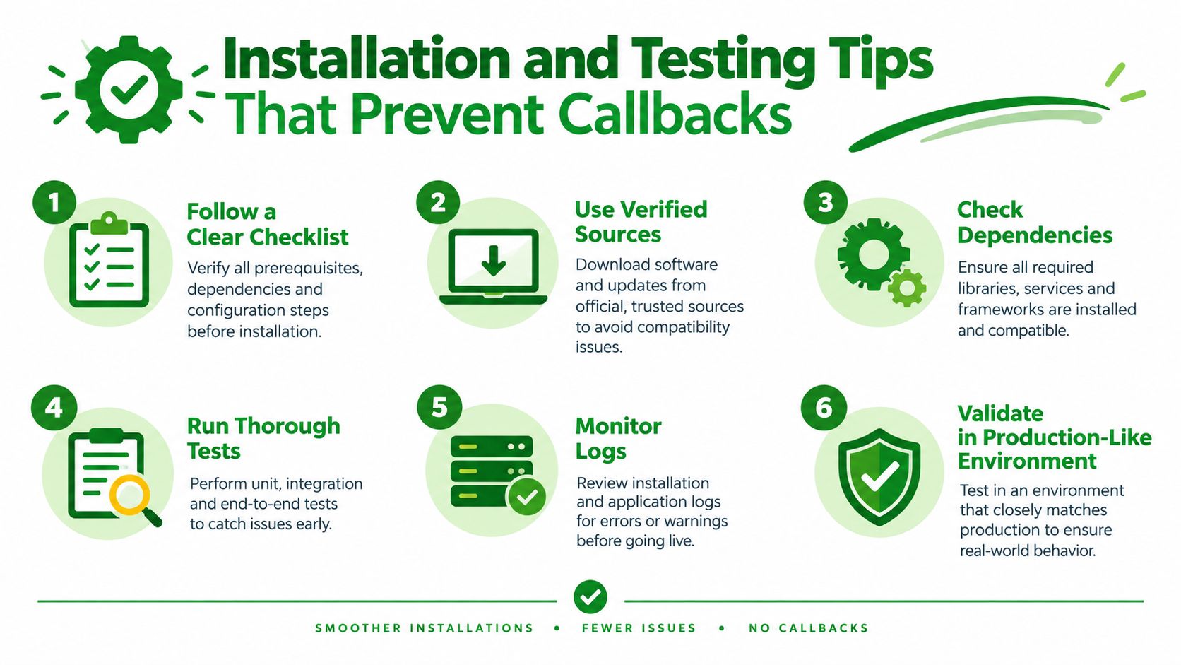 An infographic titled Installation and Testing Tips that Prevent Callbacks, listing six essential technical best practices.