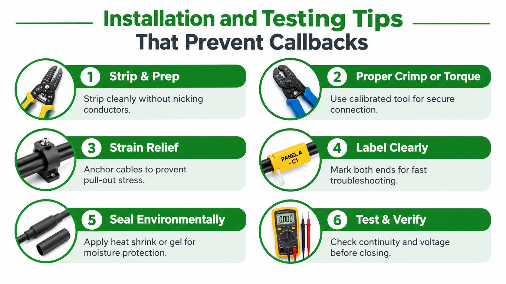 A six-step infographic guide detailing professional tips for electrical cable installation and testing to prevent service callbacks.