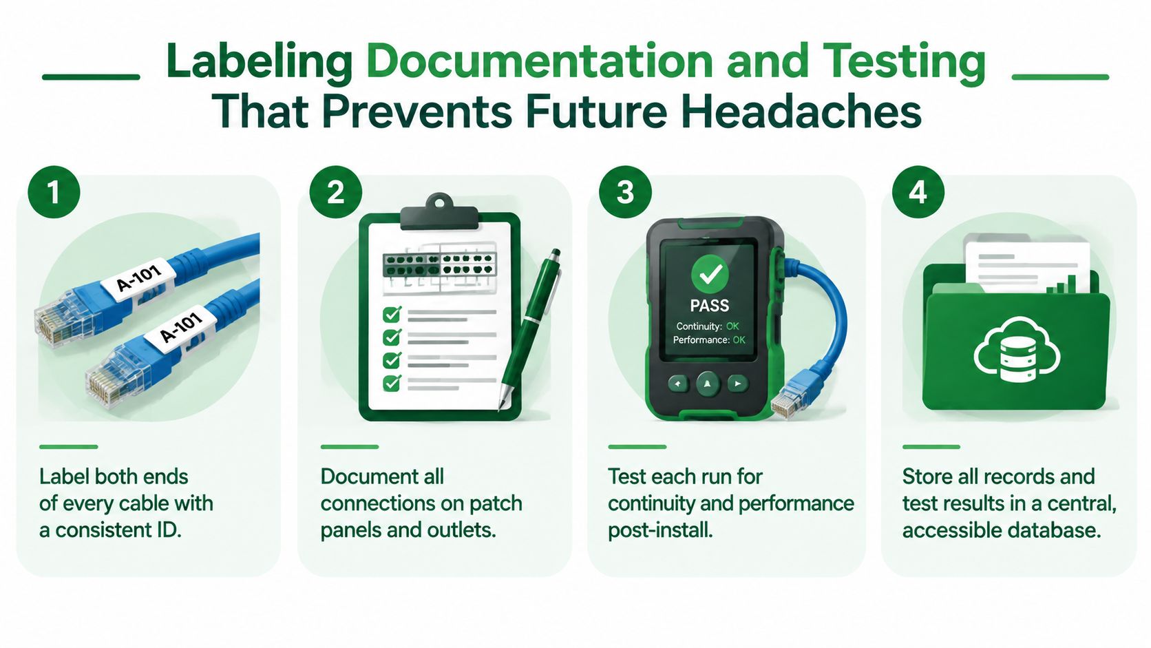 A four-step infographic illustrating best practices for labeling, documenting, testing, and storing network cable installation records.