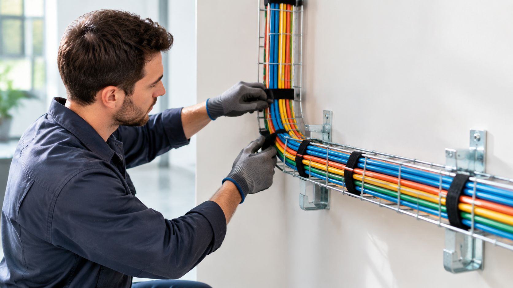 A technician wearing protective gloves organizes and secures colorful low voltage cables in a metal wall tray.