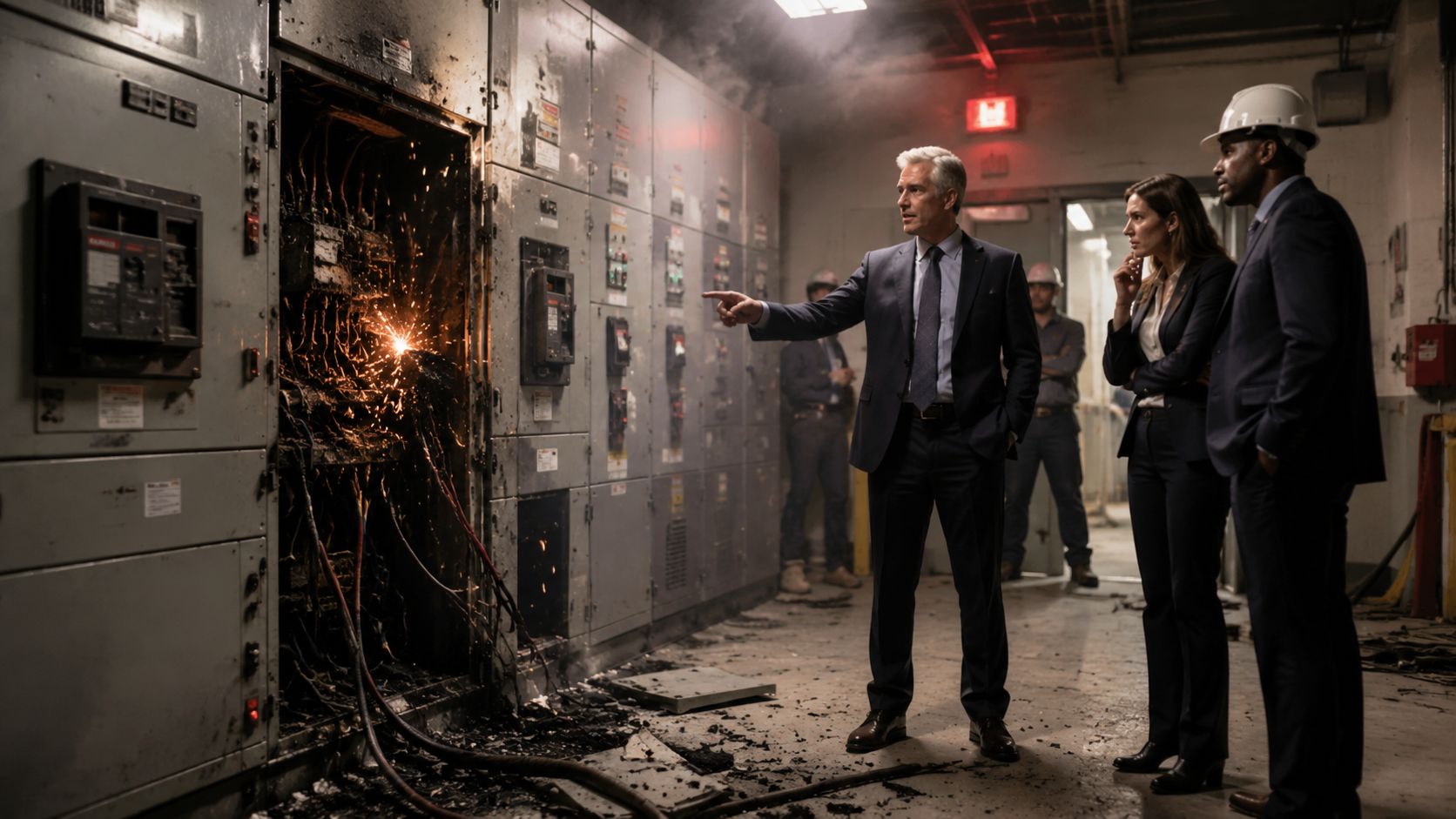 A professional team observes sparks and damage inside an industrial electrical switchgear panel in a factory.