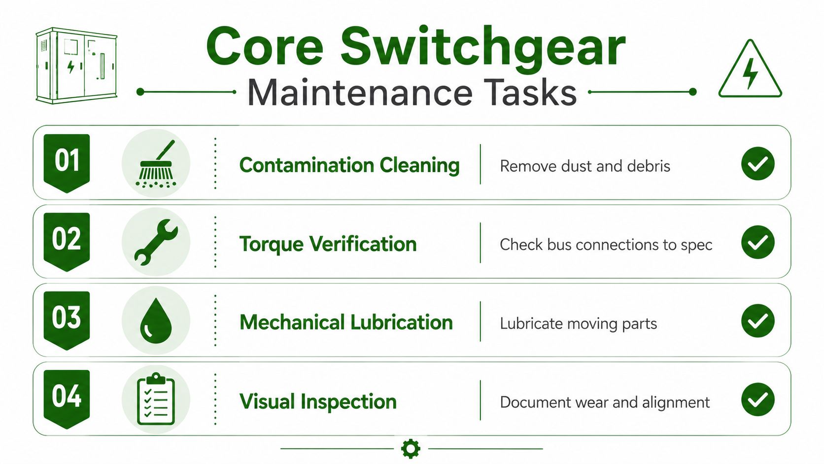 A checklist infographic illustrating four essential maintenance tasks for core electrical switchgear equipment.
