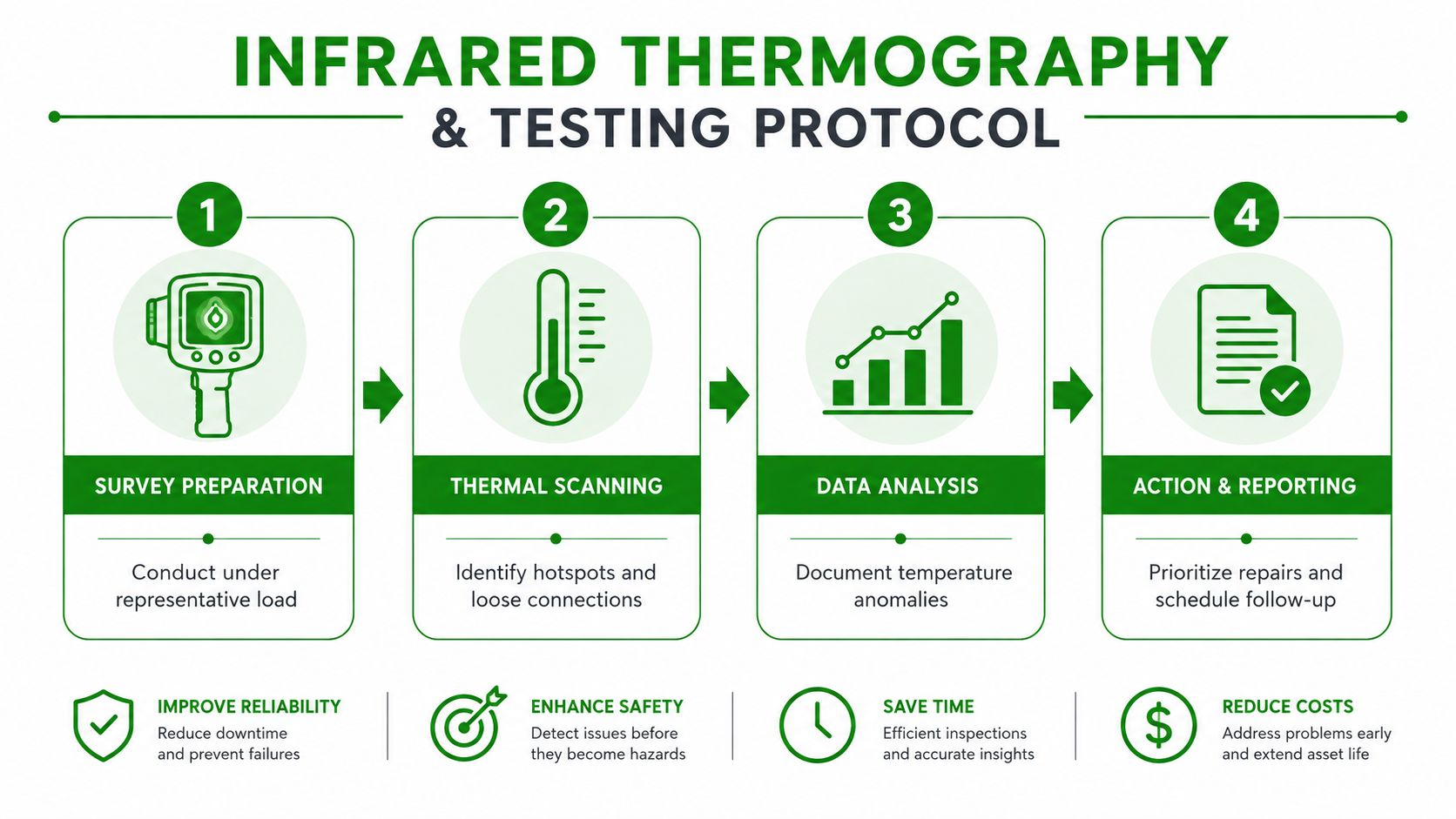 A four-step infographic illustrating the professional infrared thermography and testing protocol for equipment maintenance.