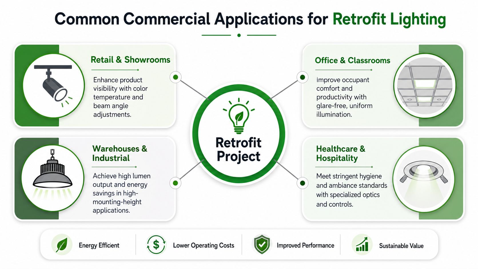 A diagram illustrating common commercial applications for retrofit lighting, including retail, office, industrial, and healthcare settings.