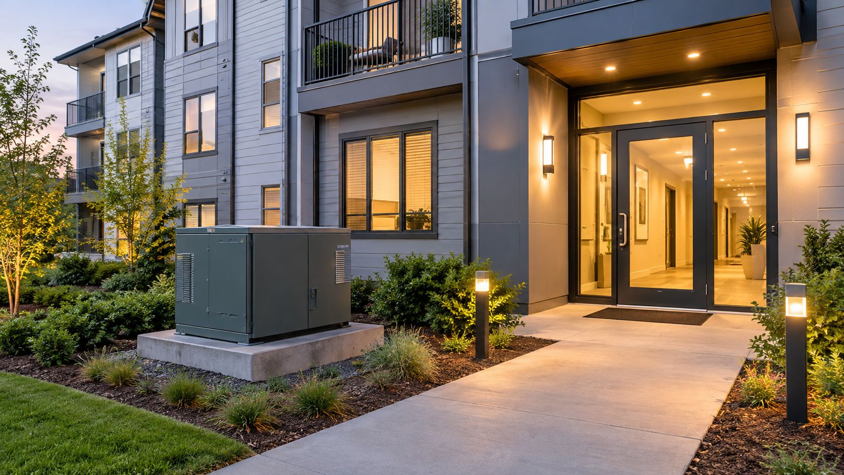 A modern apartment complex exterior with a 15 kva transformer placed on a concrete pad by the walkway.