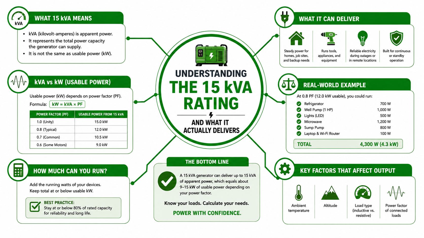 An infographic explaining the power output and practical load capacity of a 15 kVA generator unit.